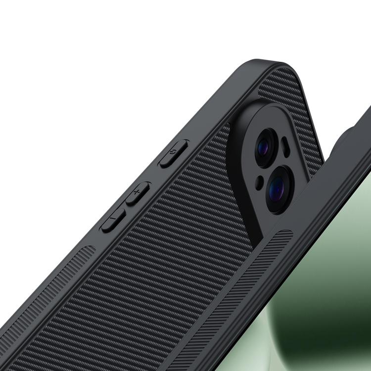 Carbon fiber textured phone case, black, close-up of side buttons and camera module.