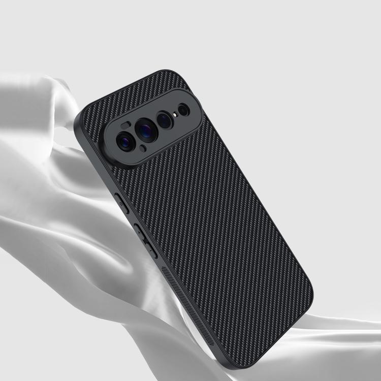 Carbon fiber textured phone case with camera cutouts, black, shown at an angle.