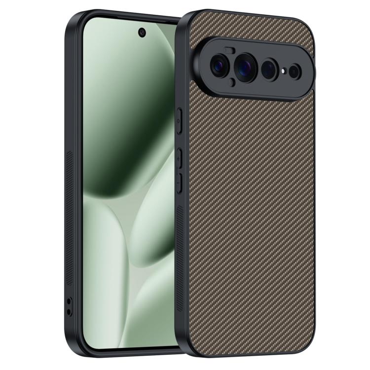 Carbon fiber textured phone case with camera cutouts, black, front and back view.