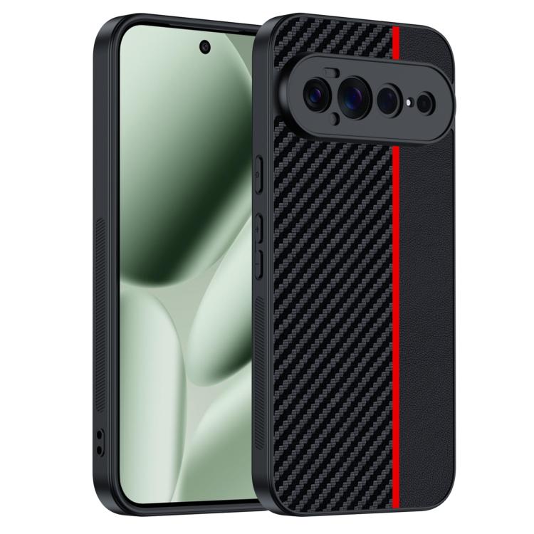 Carbon fiber textured phone case, black with red accent stripe; camera cutouts visible.