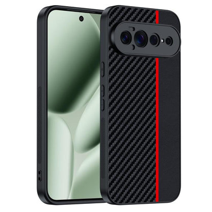 Carbon fiber textured phone case, black with red accent stripe; camera cutouts visible.