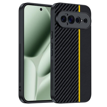 Carbon fiber textured phone case, black with yellow accent stripe; camera cutouts visible.