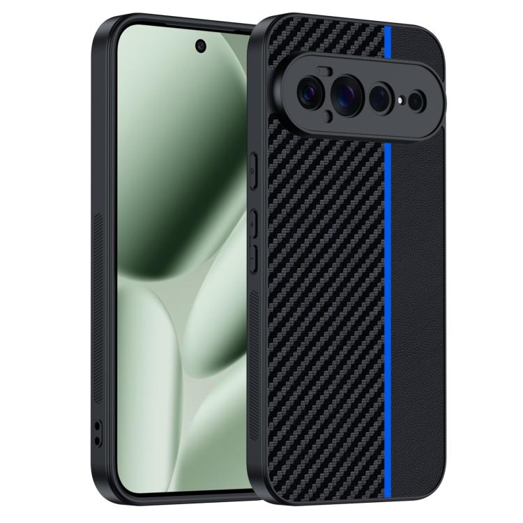 Carbon fiber textured phone case, black with blue accent stripe; camera cutouts visible.