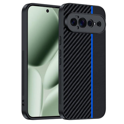 Carbon fiber textured phone case, black with blue accent stripe; camera cutouts visible.