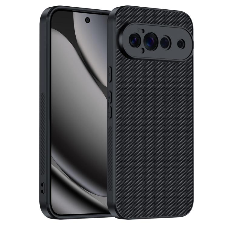 Carbon fiber texture phone case in dark black with raised camera opening