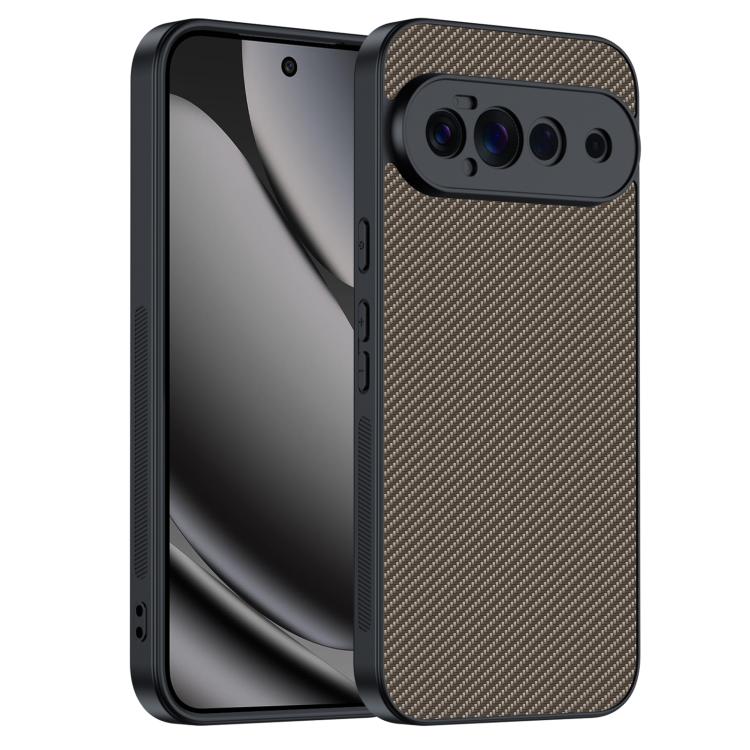 Carbon fiber texture phone case with tan/gold pattern and camera cutouts