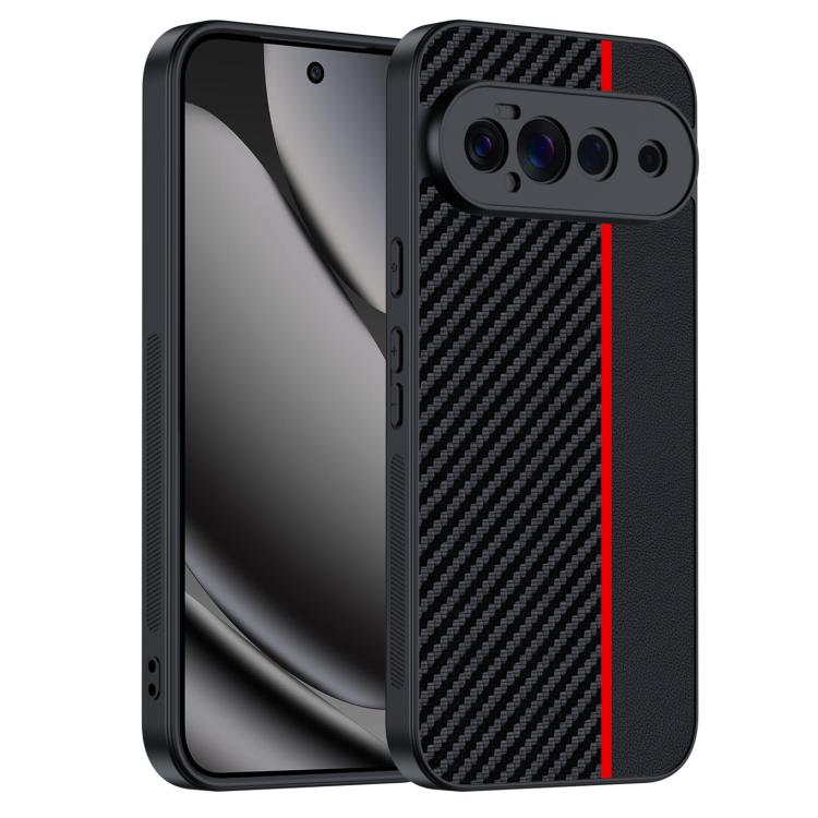 Carbon fiber texture phone case in dark black with red accent stripe and camera cutouts