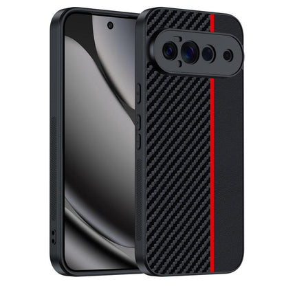 Carbon fiber texture phone case in dark black with red accent stripe and camera cutouts