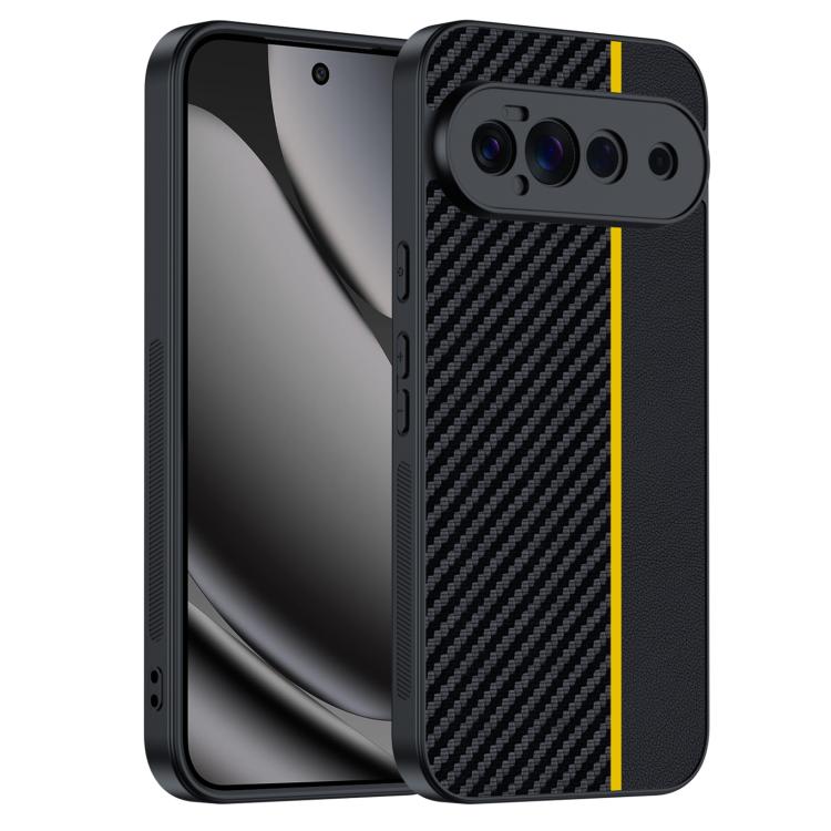 Carbon fiber texture phone case in dark black with yellow accent stripe and camera cutouts