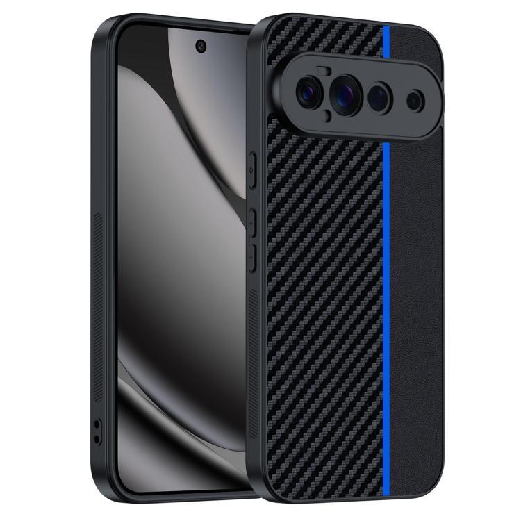 Carbon fiber texture phone case in dark black with blue accent stripe and camera cutouts