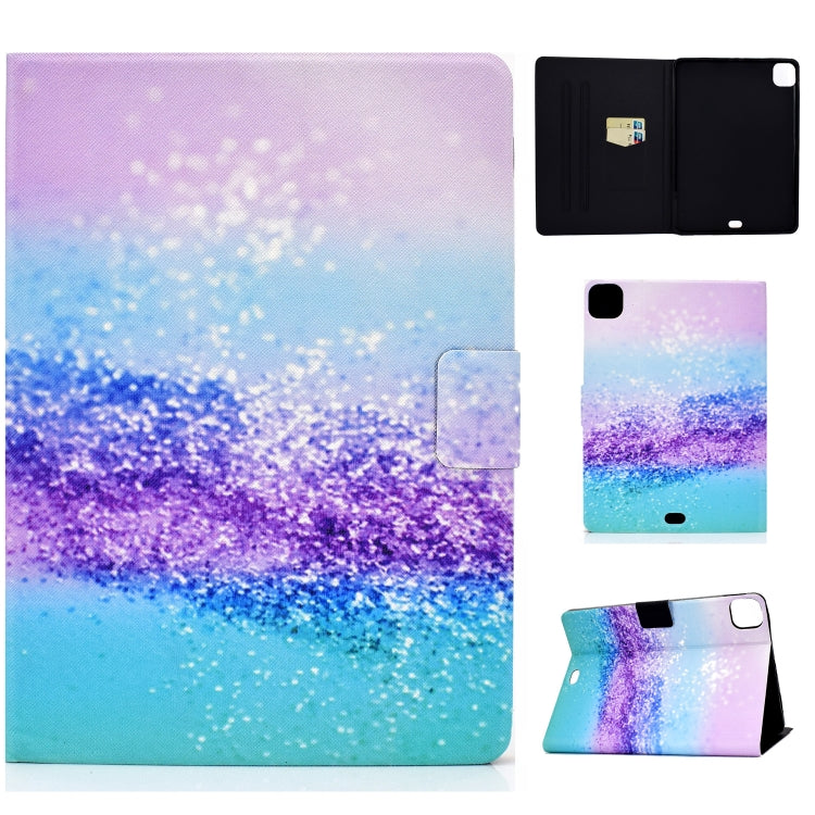 Purple and blue glitter landscape horizontal flip tablet case with card slot and sleep/wake