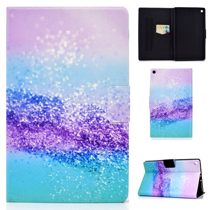 Purple and blue glitter landscape horizontal flip tablet case with card slot and sleep/wake