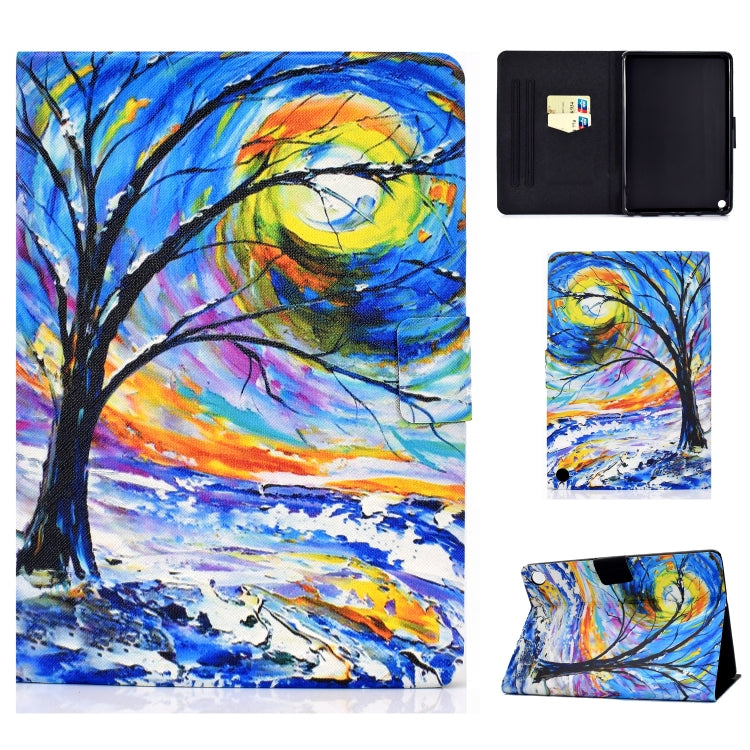 Printed TPU flip leather case with card slot for tablet, tree and sunset artwork.