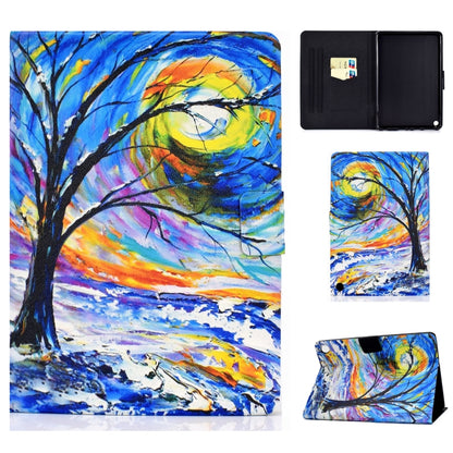 Printed TPU flip leather case with card slot for tablet, tree and sunset artwork.