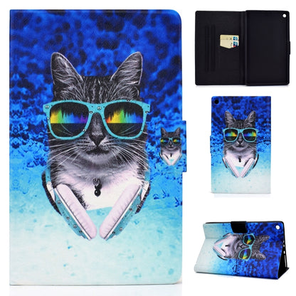 Printed TPU flip leather case with card slot for tablet, gray cat with sunglasses artwork.