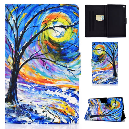Printed TPU flip leather case with card slot for tablet, tree and sunset artwork.