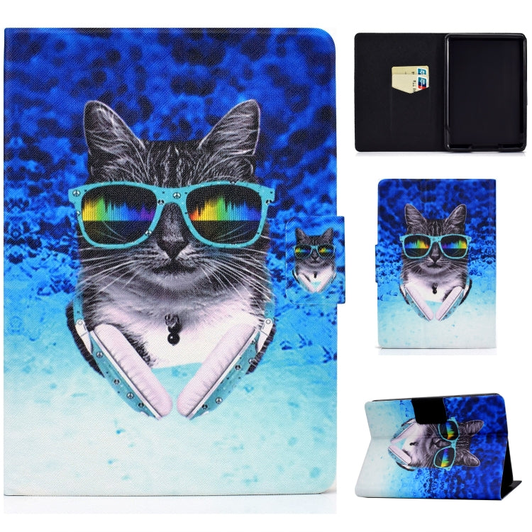 Printed TPU flip leather case with card slot for tablet, gray cat with sunglasses artwork.