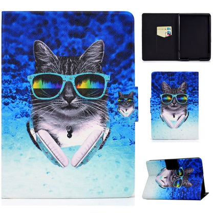 Printed TPU flip leather case with card slot for tablet, gray cat with sunglasses artwork.