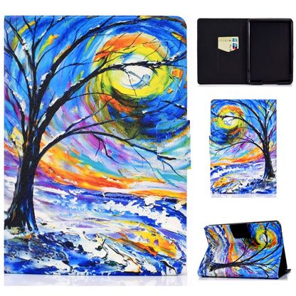 Horizontal flip tablet case with colorful tree and sunset print, card-slot cover