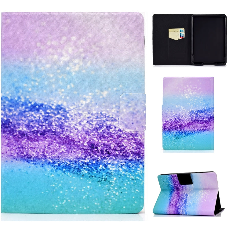Horizontal flip tablet case with pastel purple-blue glitter landscape, card-slot cover