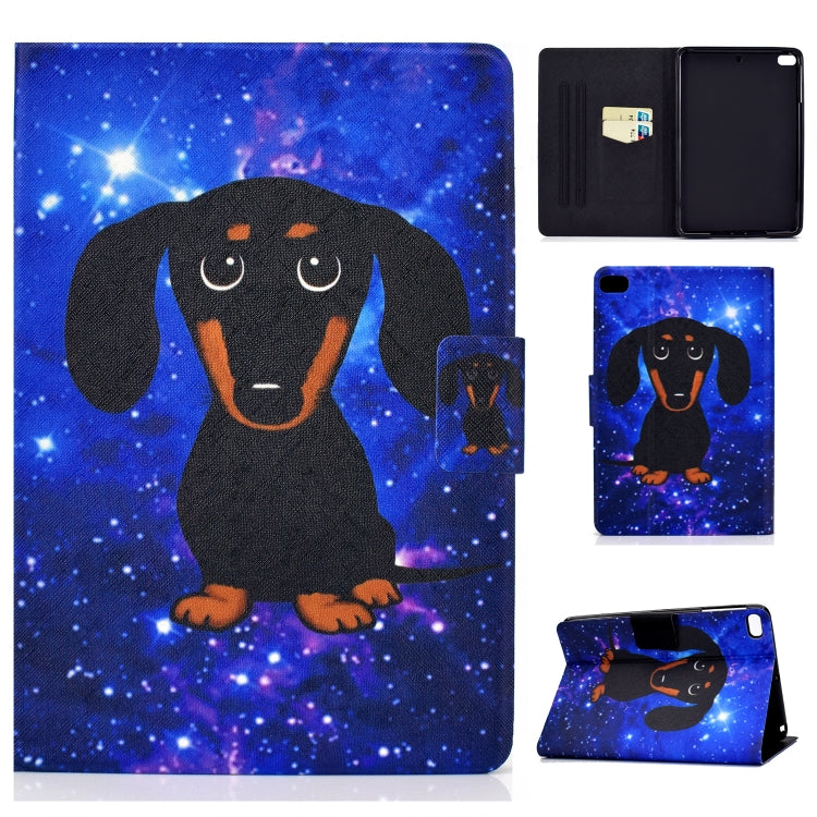Horizontal flip tablet case with black dachshund in space starry print, card-slot cover