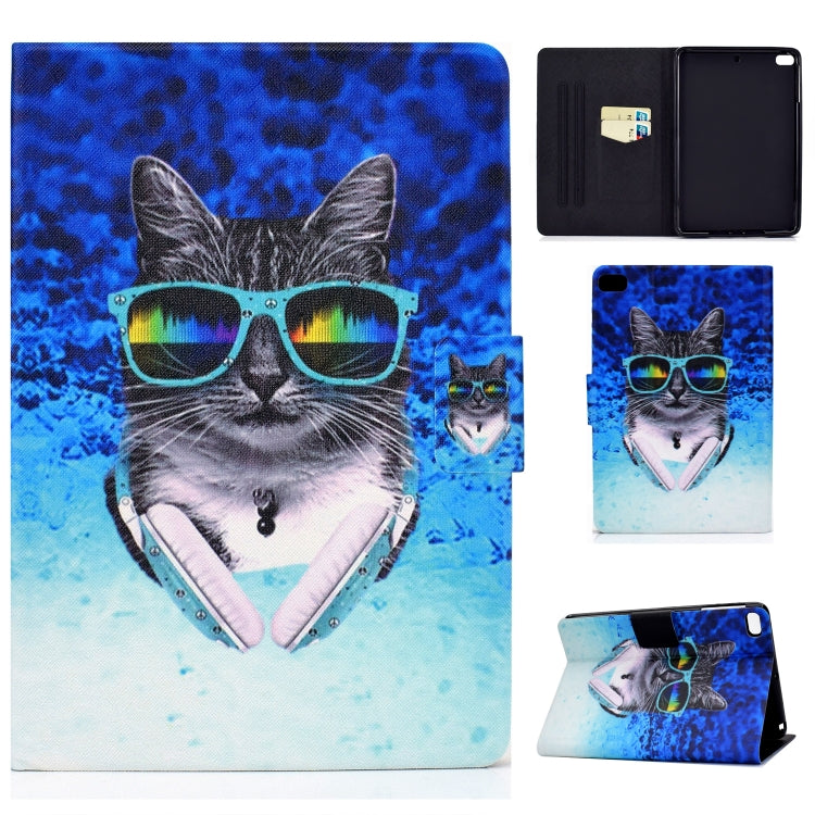 Horizontal flip tablet case with gray cat wearing blue sunglasses print, card-slot cover
