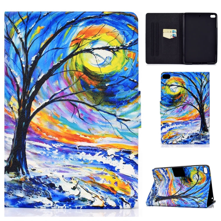 Horizontal flip tablet case with blue tree and swirl sunset print, card-slot cover