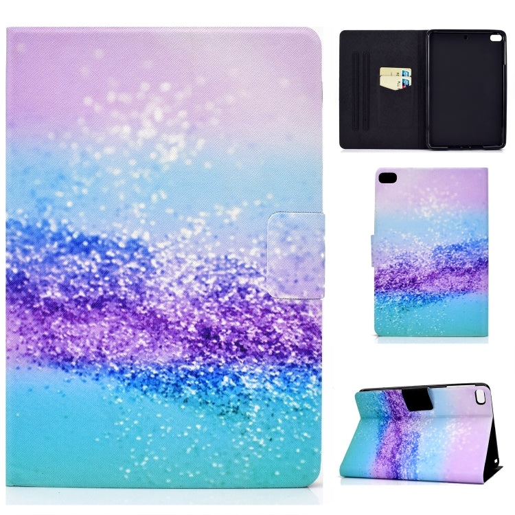 Horizontal flip tablet case with pastel pink-purple to blue glitter sky print, card-slot cover