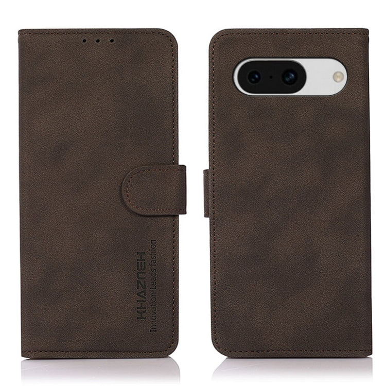 Matte texture leather phone case with folio flap and strap closure, brown, back view