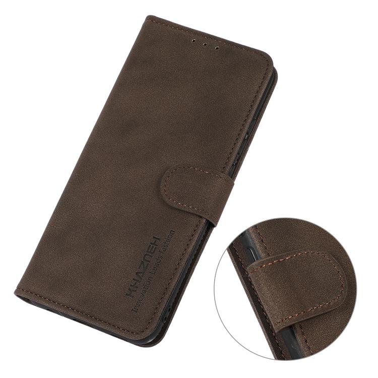 Brown matte leather folio phone case with magnetic flap closure and visible stitching