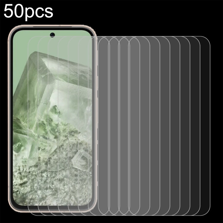 Clear tempered glass screen protector films (50-pack) with multiple pieces arranged for smartphone use.