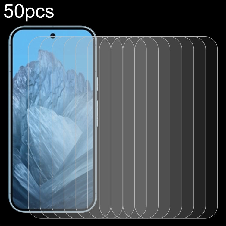 Clear tempered glass screen protectors set (50-pack) shown beside a smartphone display.