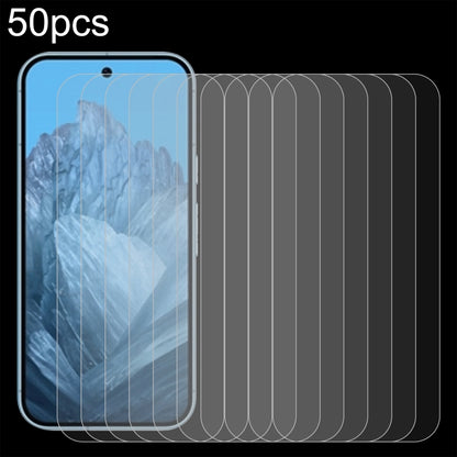 Clear tempered glass screen protectors set (50-pack) shown beside a smartphone display.