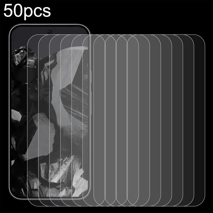 Clear tempered glass screen protector films (50-pack) with rounded corners for smartphone screens.
