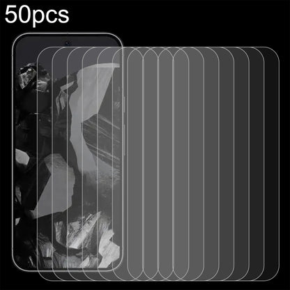 Clear tempered glass screen protector films (50-pack) with rounded corners for smartphone screens.