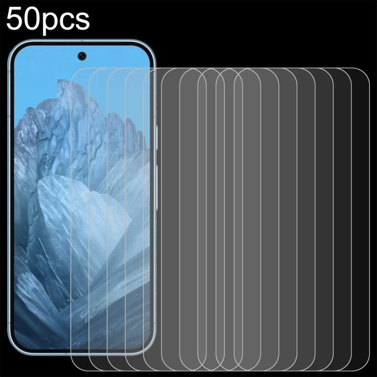 Clear tempered glass screen protectors (50-pack) with multiple films shown for smartphone screens.