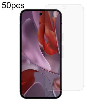 Clear tempered glass screen protector film on smartphone display (50-pack).