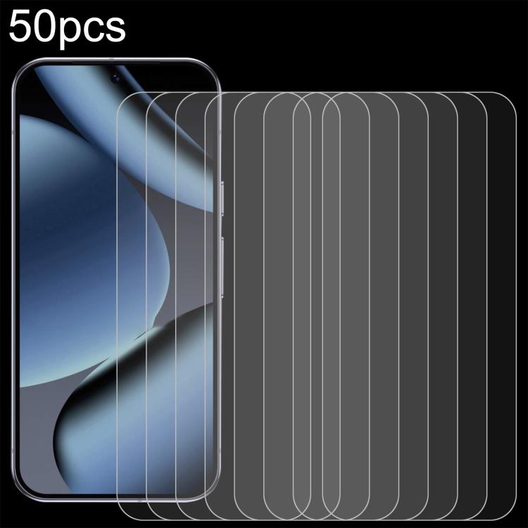 Set of 50 tempered glass screen protector films shown on phone, clear 2.5D fit