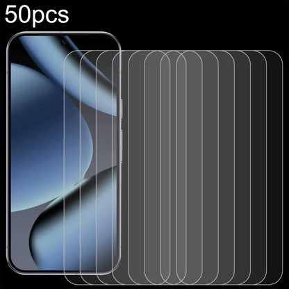 Set of 50 tempered glass screen protector films shown on phone, clear 2.5D fit