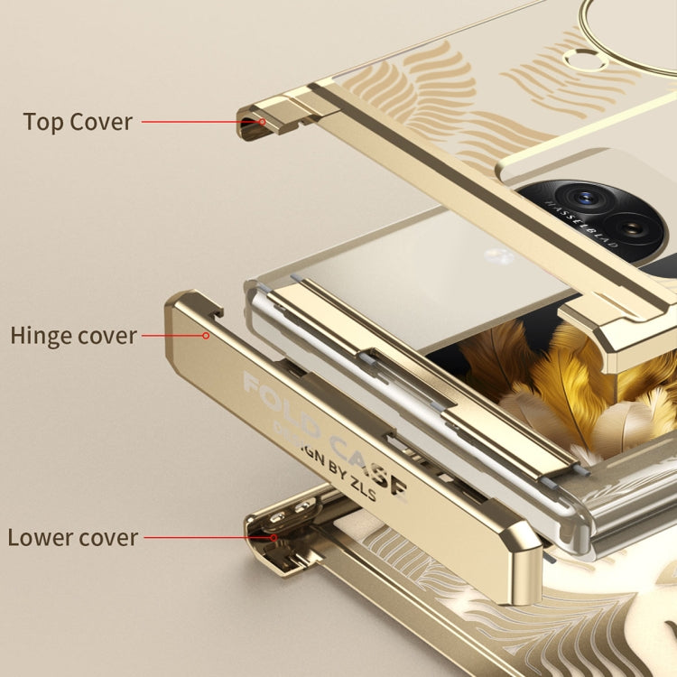 Gold electroplated fold phone case showing hinge, top, and lower cover with angel wings