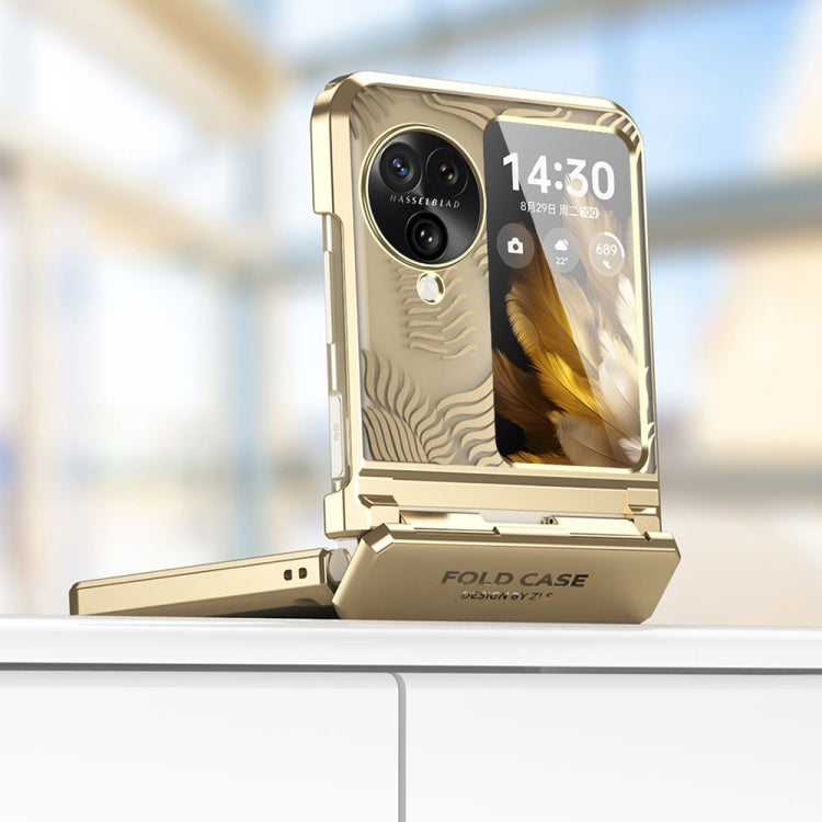 Gold electroplated fold phone case with frosted angel wings design and kickstand-like base