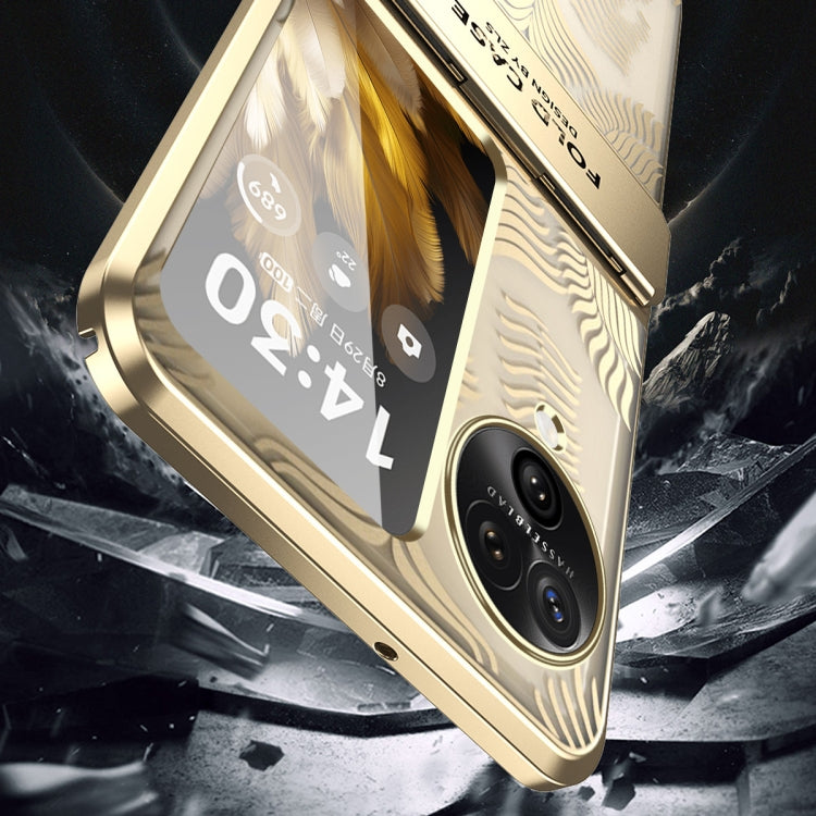 Gold electroplated fold phone case with frosted angel wings, lens cutouts, and shock edges