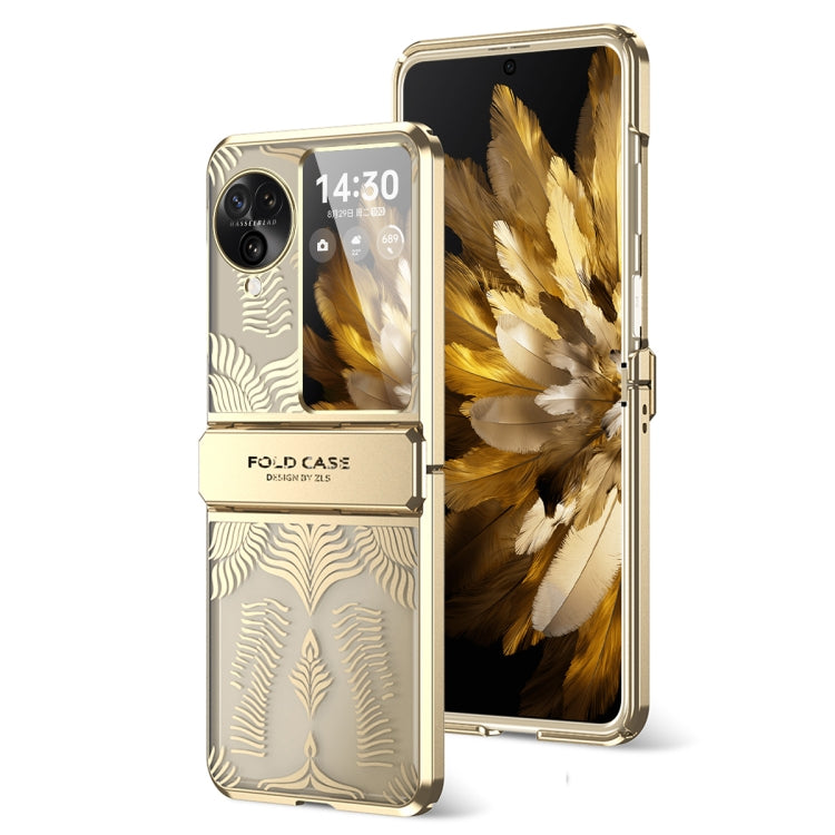 Rose gold electroplated fold phone case with frosted angel wings design and side latch