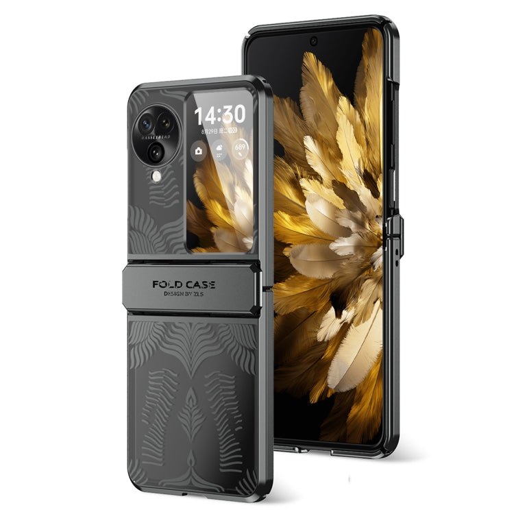 Black electroplated fold phone case with frosted angel wings design and protective hinge