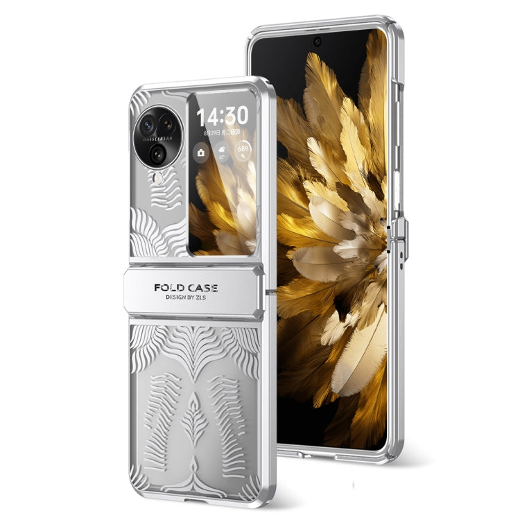 Silver electroplated fold phone case with frosted angel wings design and raised camera bezel