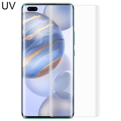 Curved full-glue UV tempered glass screen protector on smartphone, clear fit
