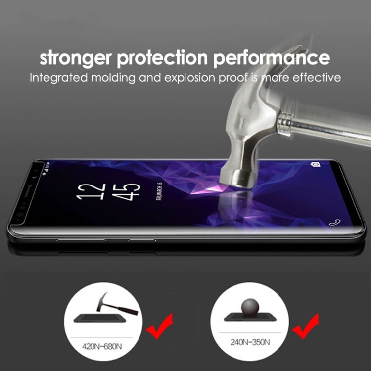 Curved UV tempered glass screen protector on smartphone screen, protection layer shown