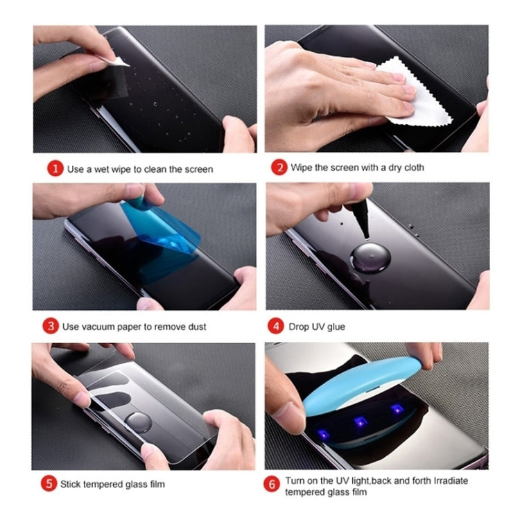 UV tempered glass screen protector installation steps with glue and UV light