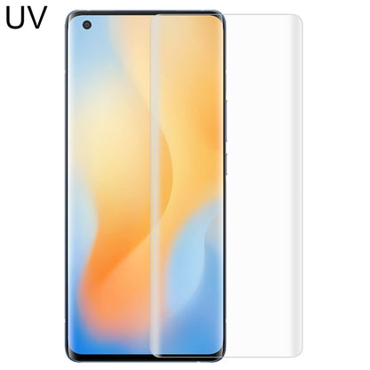 Curved full-glue UV tempered glass screen protector on smartphone, transparent film