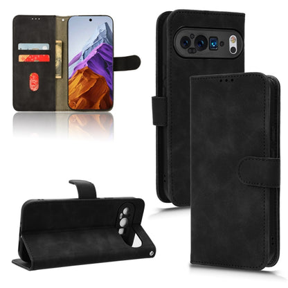 Black leather flip phone case with magnetic closure and card slots.